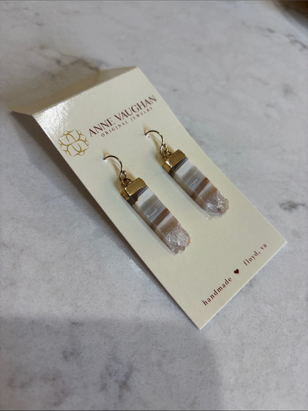 Anne Vaughan Designs Striped Agate Drop Earrings - Cream and Gold